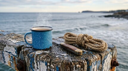 Fototapeta premium Blue enamel mug with steaming hot drink on weathered wooden pier beside coiled rope and folding knife overlooking calm sea and distant rocky coastline, rustic nautical still life