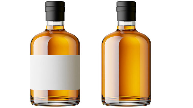 Two glass bottles with amber liquid and black caps, one with blank label
