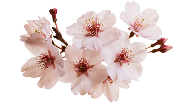 Delicate pink cherry blossom flowers and buds on a branch