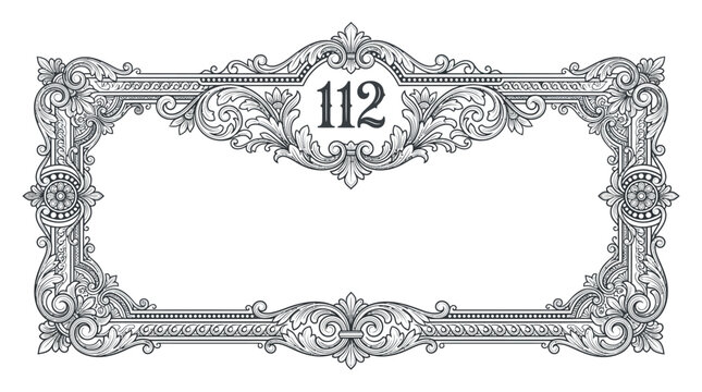 Ornate Decorative Frame with Number 112, Vintage Engraving Style