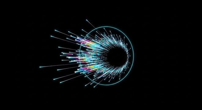 Abstract light trails, a dynamic digital tunnel of colorful particles, vibrant data flow visualization, futuristic technology concept, energetic motion graphics for digital design.