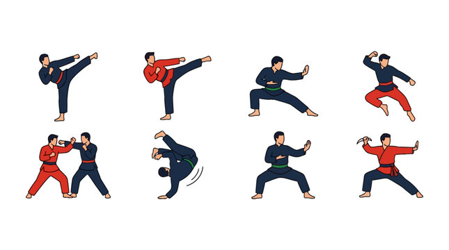 Martial arts fighters performing various combat poses and kicks
