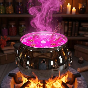 Mystical Cauldron Brewing Magical Potion with Smoke.