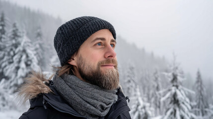 Fototapeta premium A young man smiles in a snowy winter forest. A guy walks outside in a park. Portrait of a man in the fresh air in winter. An active lifestyle in winter during vacation or holidays.