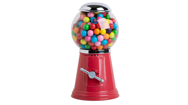 Red gumball machine filled with colorful candy balls
