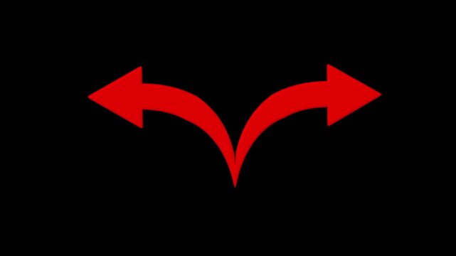 Red split arrows animation pointing opposite directions for decision making and navigation choice