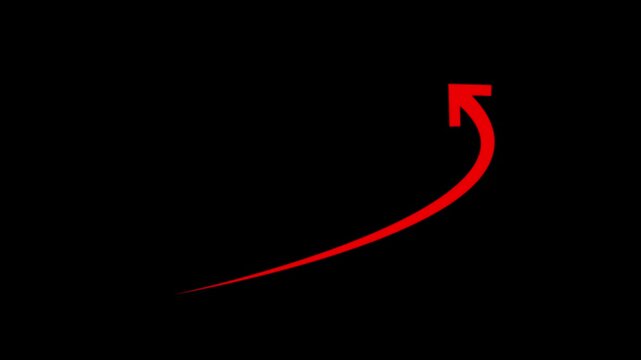 Red curved growth arrow animation on transparent background, for business presentations, and financial data visualization