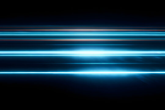 Laser beams lines of light. Horizontal neon light on black background. Neon blue horizontal speed lines. Glowing stripes. Lines of movement and speed in neon color. Beautiful flash of light and sparks