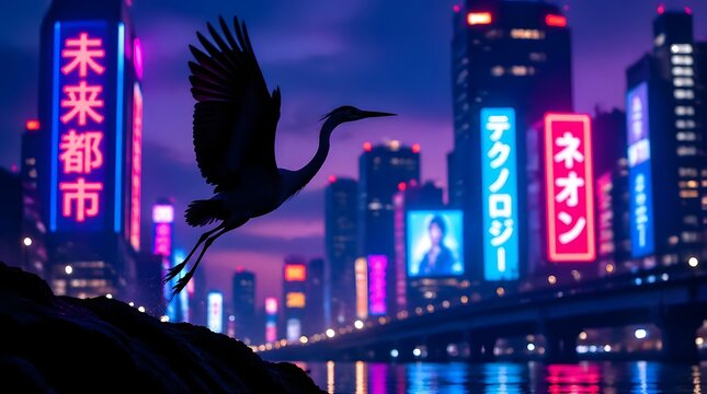 Silhouette of a Crane Flying Over a Futuristic Neon Cityscape at Dusk with Japanese Text and Vibrant Lights, Cyberpunk Aesthetic