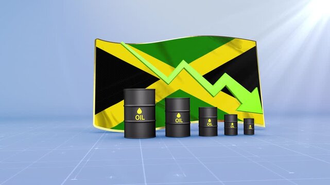 Jamaica Oil Price Falling with Oil Barrels Downward Green Arrow and 3D Financial Data Visualization Graphs for Economy and Business Concept
