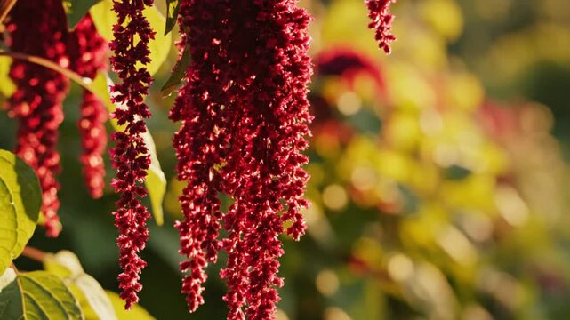 Closeup of Red Amaranthus Hanging Flowers, Swaying Gently in the Sunlight, with Blurred Green Foliage Background
