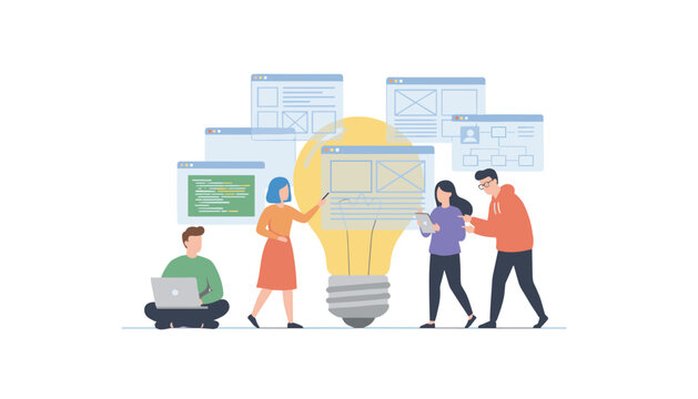 Product design team working together on a user interface project with a large lightbulb idea and various browser wireframes.