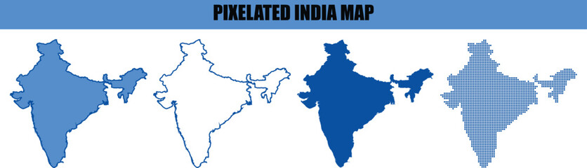 Fototapeta premium Set of Four India Map Vector Illustrations Including Solid Filled, Outline, and Pixelated Designs