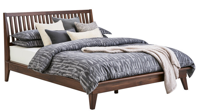 Dark wood bed frame with grey patterned bedding and pillows