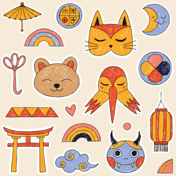 Cute Japanese Folk Art Mythology Tradition Vector Sticker Pack