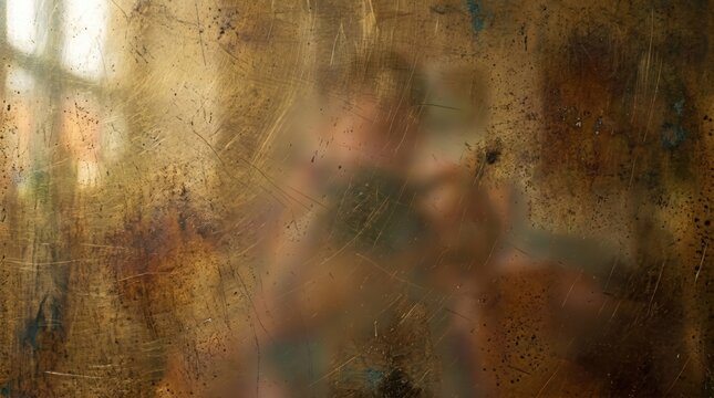 Blurred person silhouette reflected behind scratched metallic surface with brass patina creating abstract warm interior scene and ambiguous moody atmosphere