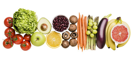 Assorted fresh fruits and vegetables arranged in a line © Isolde
