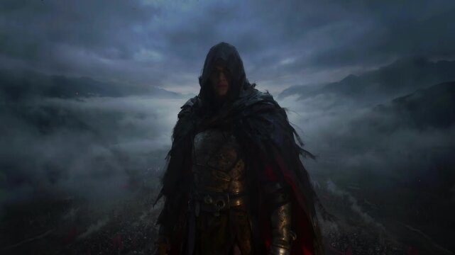 Dark Hooded Figure Standing in a Misty, Atmospheric Fantasy Landscape Cinematic Shot