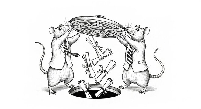 Cartoon rats fixing underground pipes with wrenches and tools.
