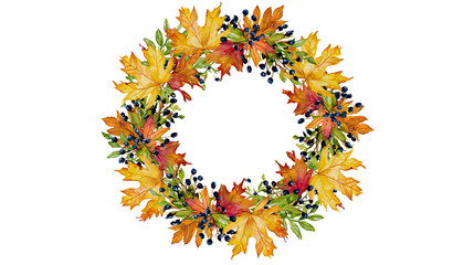 Autumn maple leaf and berry wreath with watercolor texture © Isolde