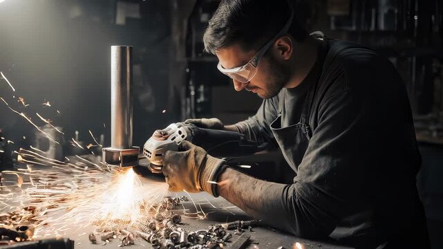 Metalworker grinding pipe with angle grinder in industrial shop. Man wearing safety glass and glove creating bright sparks during intense metal fabrication task.