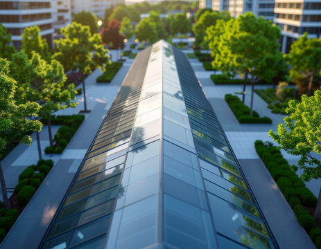 aerial view of climate resilient urban infrastructure featuring green roofs, reflective surfaces and tree lined streets reducing urban heat