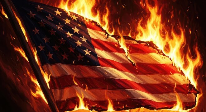 Burning American flag engulfed in intense flames with a dramatic and fiery background representing destruction and national crisis