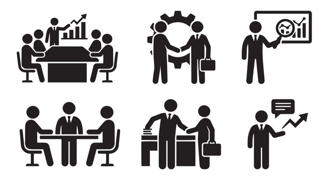 Businesspeople Silhouette Bundle Black Vector Graphics Depicting Financial Professionals And Data Analysis analyst advisor business career chart collaboration communication consultant