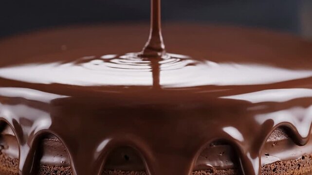 Close Up Macro Shot Of Glossy Chocolate Ganache Being Poured Over An Austrian Sachertorte Dessert Cake With Smooth Texture In Dim Lighting