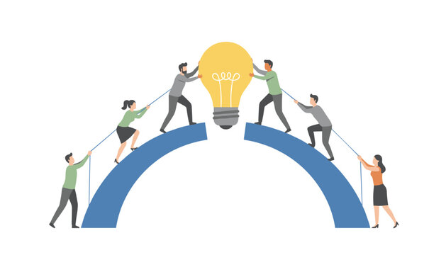 Team members pull ropes to lift bridge sections toward a lightbulb to symbolize creative problem solving and collaborative innovation.
