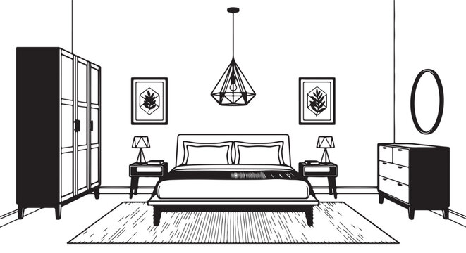 Elegant Scandinavian bedroom interior with perfectly balanced composition, geometric wardrobe cabinet, centered hanging ceiling lamp, platform bed, matching side tables, clean black outline flow, prem
