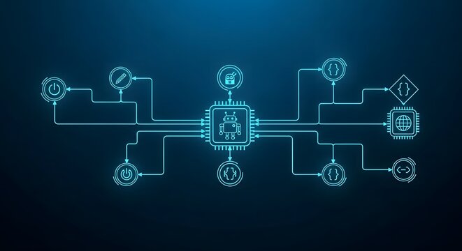Digital circuit with robotic icon code brackets and power buttons on a blue background
