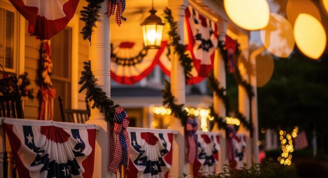Festive american porch decorated with patriotic flags and garland illuminated by warm lights during a national holiday celebration