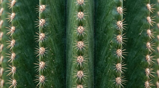 Close up vertical ribs of green cactus with rows of pale areoles and sharp spines, desert succulent texture highlighting natural symmetry and botanical detail