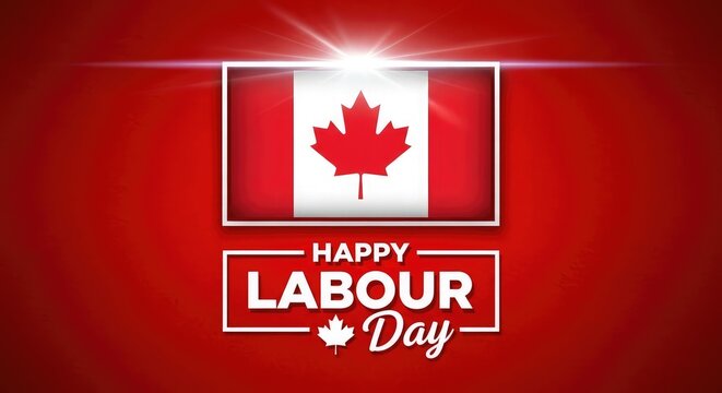 Festive Canadian flag with a bright white border and a happy labour day greeting on a vibrant red background