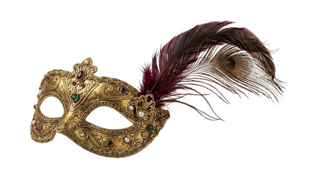 A vintage gold venetian masquerade mask with burgundy feathers and pearl details.