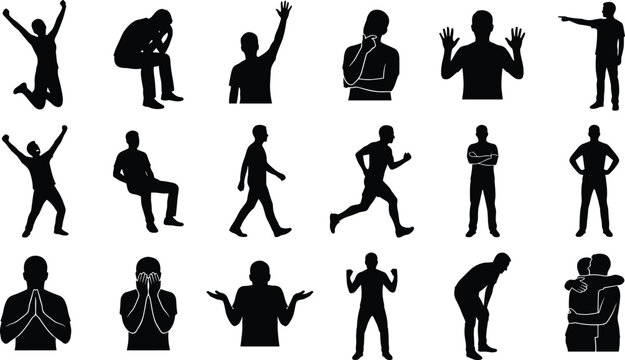 Human Body Language Silhouette Collection Set &ndash; Emotional Poses, Gestures, Actions and Expressions Vector Bundle