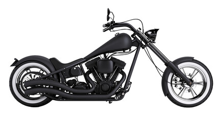 Black custom chopper motorcycle with chrome accents and white wall tires © Isolde