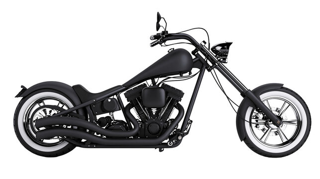 Black custom chopper motorcycle with chrome accents and white wall tires