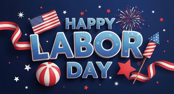 Festive happy labor day typography with waving american flags stars and fireworks on a dark blue background for national holiday celebrations