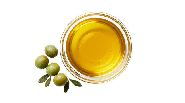 Green olives with leaves next to clear bowl of golden olive oil