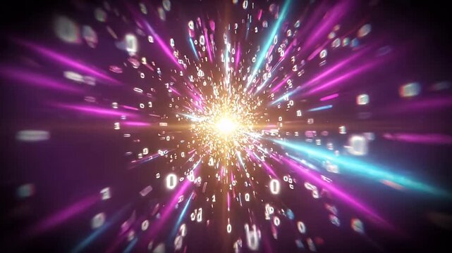Abstract digital data explosion with glowing light rays and binary code, representing big data and cybersecurity