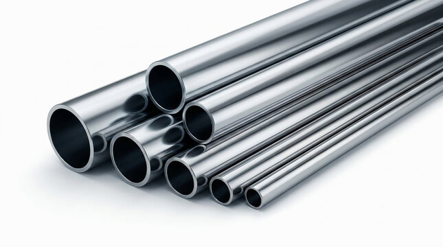 Stack of polished stainless steel pipes of various diameters on white background