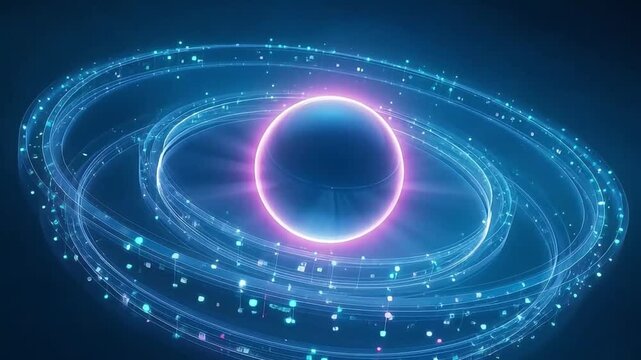 Glowing sphere with futuristic orbiting rings
