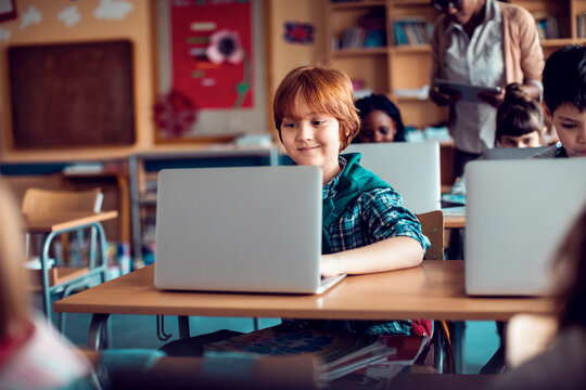 Smiling schoolboy using laptop in classroom