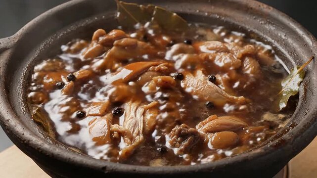 Close-Up Of Simmering Filipino Adobo Dish In Rustic Clay Pot Showcasing Rich Dark Broth And Aromatics For Culinary Use And Food Blogging