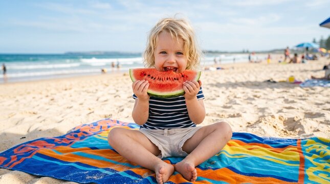 Happy toddler boy with blonde hair eating watermelon on a sunny beach with blue ocean waves in the background