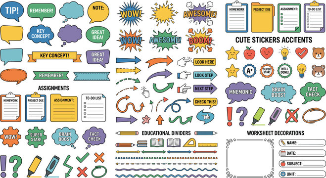 Teacher Worksheet Decoration and School Planner Vector Icon Set Featuring Cute Stickers Speech Bubbles Graphic Dividers Assignments Checklists and Educational Accents