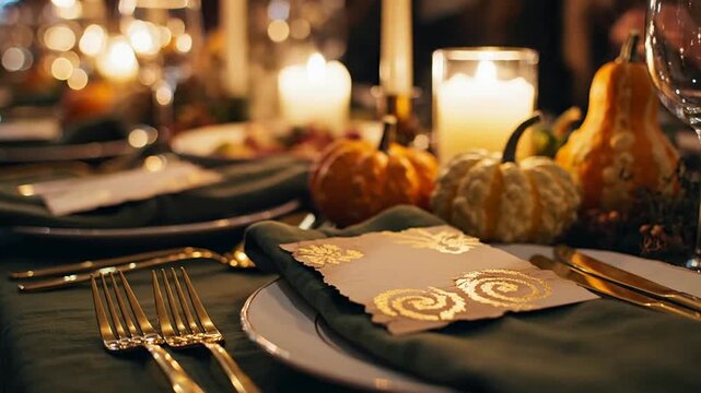 Close-Up Shot of a High-End Dinner Setting Featuring Gold Accents, Candles, and Pumpkins for Friendsgiving or Autumn Celebrations