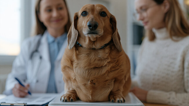 Veterinary nutritionist reviews body condition score chart beside overweight dachshund standing on clinic scale as concerned owner takes notes on weight management meal plan